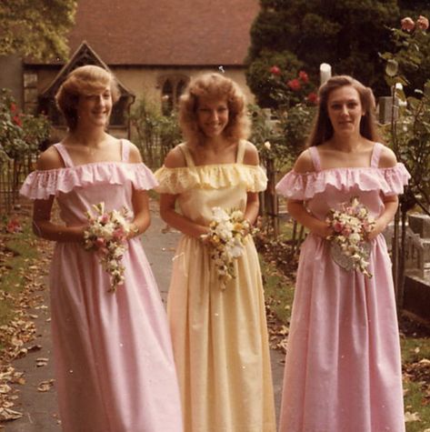 Retro Bridesmaid Dresses, Pink Yellow Weddings, Dresses 70s, Bridesmaid Candle, Vintage Bridesmaid Dresses, Always A Bridesmaid, Big Sleeves, The Wedding Singer, Yellow Bridesmaid Dresses