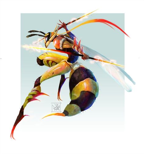 Bee Warrior Art, Wasp Humanoid, Bug Oc Design, Wasp Character Design, Wasp Monster, Insect Concept Art, Bee Character Design, Bug People, Bug Art