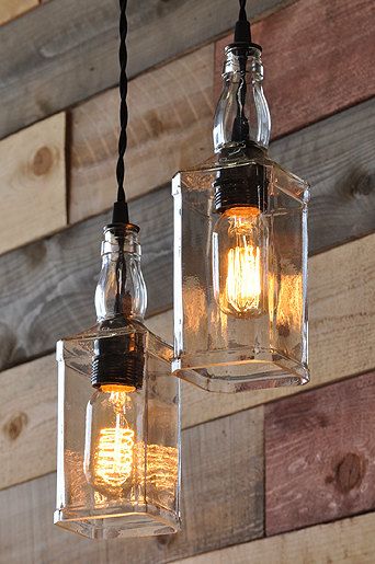 light 1                                                                                                                                                                                 More ขวดโหล Mason Jar, Pulley Lamps, Interior Boho, Diy Lampe, Lights Hanging, Factory Lighting, Deco Luminaire, Bottle Lamp, Bottle Lights