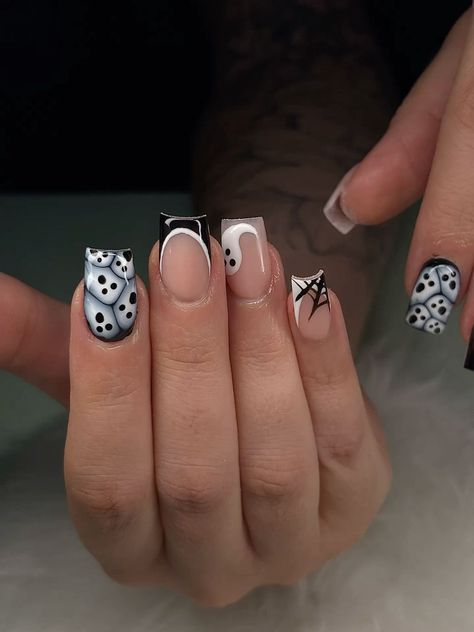 Blooming Gel Ghost Nails Spider Web Nails Black and White Halllween Nails Black And White Ghost Nails, Blooming Gel Ghost Nails, Cobweb Nails, Nails Spider Web, Spider Web Nails, Nails Spider, Spider Nails, Web Nails, Nails Black And White