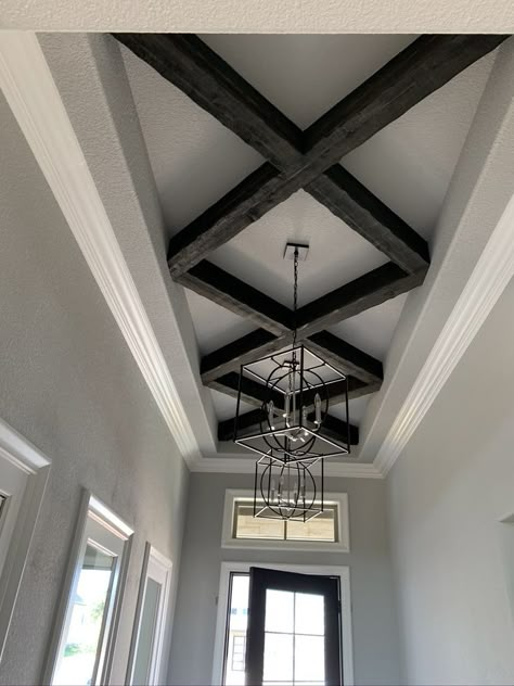 Ceiling Remodel, Home Ceiling, Wood Beams, The Ceiling, House Entrance, Basement Ideas, Dream Home Design, My Dream Home, White Walls