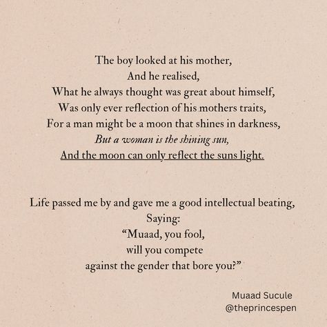 A poem about women. I was originally meant to write this poem a while ago for the Thuisbezorgd poetry contest. The poem touched upon many subjects, the importance of women, the polarised society we live in and criticising my own nature of competing against women. • • • • #poem #poetry #women #poetrycommunity #poems #theprincespen #muaadspoetry #gender Poem About Women, Poetry About Women, Poems About Women, Poems About Society, Poetry Contest, Poetic Words, The Poem, About Women, Independent Women