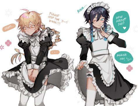 Aether Maid Outfit, Genshin Impact Maid Outfit, Genshin Maid Outfit, Maid Venti, Venti Maid Outfit, Boys In Skirts, Bunny Suit, Maid Outfit, Japon Illustration