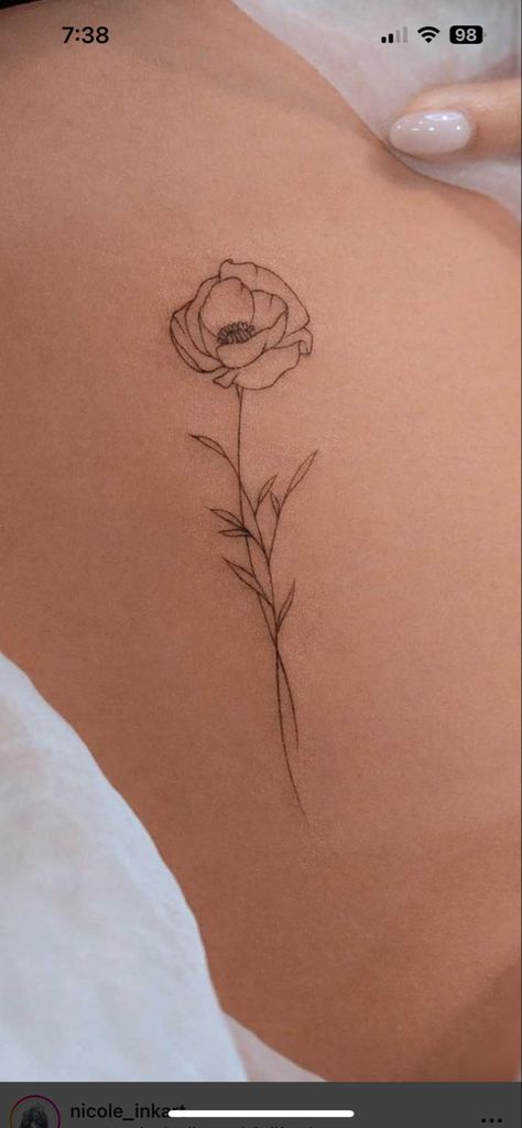 Poppy Line Tattoo, Poppy Spine Tattoo, White Poppy Tattoo, 10cm Tattoo, Fine Line Poppy Tattoo, Black Poppy Tattoo, Hand And Finger Tattoos, Underboob Tattoo, Poppies Tattoo