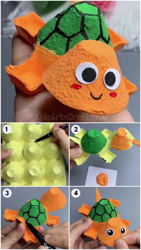 Turtle Egg Carton Craft, Egg Carton Turtle Craft, Eggs Box Craft, Egg Carton Turtle, Egg Box Craft Ideas, Recycled Sea Creature Crafts, Turtle Diy Crafts, Easy Recycled Crafts For Kids, Diy Boite Oeuf