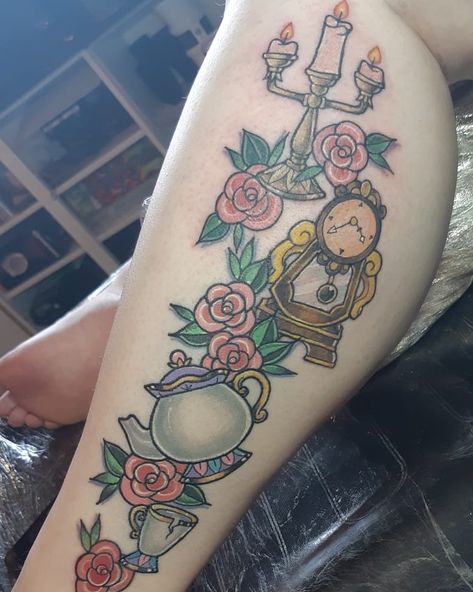 Beauty And The Beast Sleeve Tattoo, Beauty And The Beast Tattoo Ideas, Beauty And The Beast Tattoos, Victoria Tattoo, Tattoo Collage, Piercing Designs, The Beast Tattoo, Cartoons Tattoo, Disney Inspired Tattoos