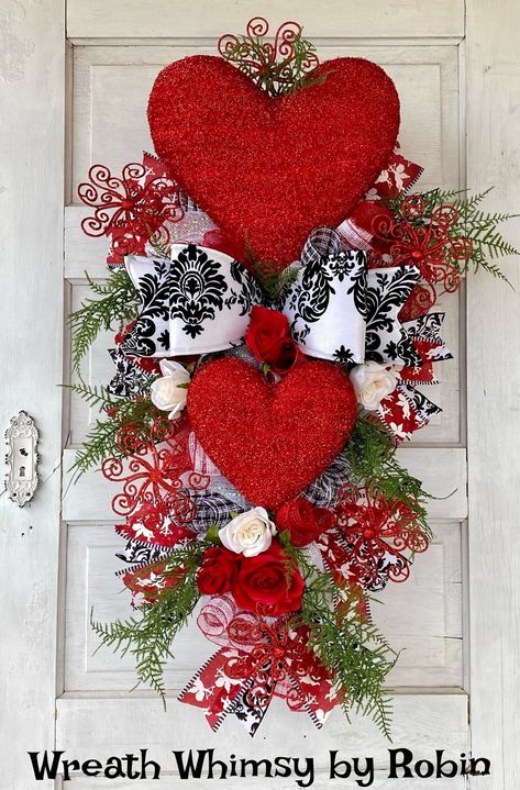 Valentine Door Swag Diy, February Decorating Ideas, Valentines Day Wreaths Front Doors, Valentine Wreaths For Front Door, Valentines Wreath Ideas, Valentine Swag, Rope Wreaths, Valentine Door Hanger, Valentines 2023