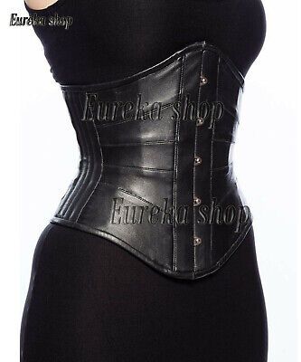 Heavy Duty, Very Strong Fully Steel Boned Corset. Total 8 Steel Boned. Corset Style Under Bust Corset. Corset Features. The Corset can draw in your waist and flatten your tummy. 10 Spiral / Flexible Steel Bones around the corset. Black Leather Underbust Corset, Medical Corset, European Gothic, John Currin, Witches Ball, Corset Sewing, Bow Drawing, Black Leather Corset, Under Bust Corset