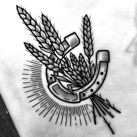 TRASH HAUS on Instagram: “Toil. Available to tattoo. £180 DM me - - - #horseshoe #horseshoetattoo #wheat #wheattattoo #corn #harvest #harvesttattoo #linearart…” Western Tattoos Ideas, Wheat Tattoo, Horse Tattoos, Horse Shoe Tattoo, Cowgirl Tattoos, Woodcut Tattoo, Shoe Tattoos, Cowboy Tattoos, Country Tattoos