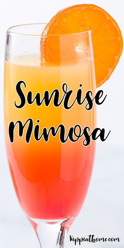 The refreshing Sunrise Mimosa is the perfect brunch cocktail. Freshly squeezed orange juice and your favorite champagne with a splash of Grenadine. Don't forget the cherry in the bottom of your glass... #mimosa #sunrisemimosa #kippiathome Orange Juice Mimosa, Sunrise Mimosa, Beer Mixed Drinks, Mimosa Punch, Bday Brunch, Brunch Punch, Mimosa Cocktail, Mimosa Brunch, Squeezed Orange Juice