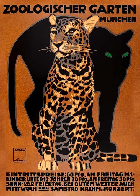 Famous poster print promoting the Munich Zoological Garden, featuring a beauiful illustrated Leopard artwork by German artist Ludwig Hohlwein. Zoo Poster, Ludwig Hohlwein, German Poster, Zoo Art, Zoological Garden, Poster Art Deco, Images D'art, Nordic Poster, Black Panthers