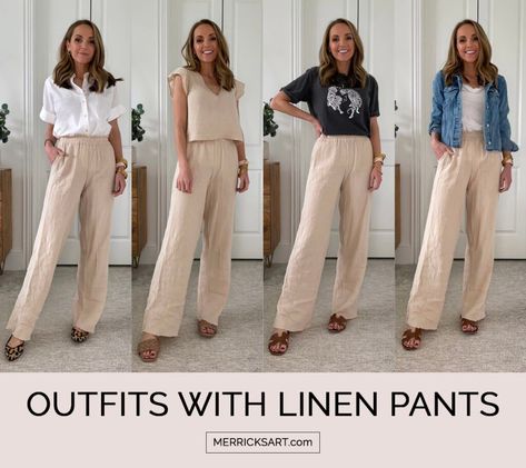 4 Linen Pants Outfits for Spring and Summer - Merrick's Art How To Style Boho Pants, Beige Beach Pants Outfit, Linen Pants Business Casual, Kakis Pants Outfit, Linen Outfits For Women Summer, Tan Linen Pants Outfit, Beige Wide Leg Pants Outfit, Modest Pants Outfits, Linen Pants Outfit Work