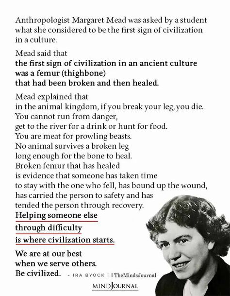 Anthropologist Margaret Mead was asked by a student what she considered to be the first sign of civilization in a culture. Mead said that the first sign of civilization in an ancient culture was a femur (thighbone) that had been broken and then healed. Mead explained that in the animal kingdom, if you break your leg, you die. Gk Facts, Self Awareness Quotes, Bones Quotes, Margaret Mead, Awareness Quotes, Self Inspirational Quotes, Meant To Be Quotes, Short Inspirational Quotes, Knowledge And Wisdom