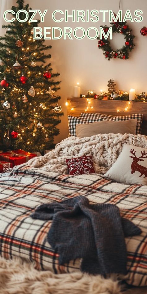 A beautifully decorated cozy Christmas bedroom featuring soft textures, warm colors, and festive decorations, perfect for winter celebrations, displaying ideas for holiday decor. Magical Decorations, Cozy Christmas Bedroom, Silver Garland, Inviting Colors, Plaid Bedding, Winter Bedroom, Holiday Scents, Christmas Bedroom, Warm Christmas