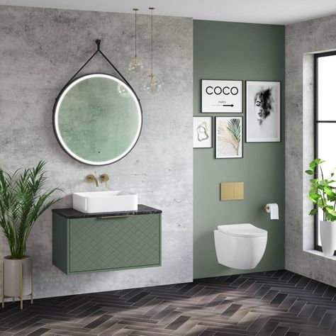 Modern Sage Green Bathroom, Sage Green Shower Room, Green Grey And White Bathroom, Grey And Sage Bathroom, Green Slate Bathroom, Sage Green Toilet Room, Ensuite Bathroom Ideas Green, Small Bathroom Design Sage Green, Sage Green Tiled Bathrooms