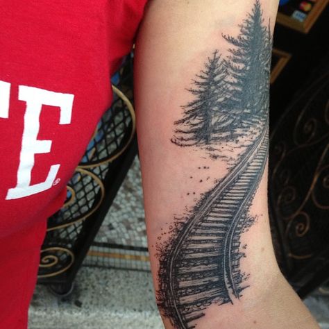 Brucius Tattooist   #penadnink #forest  #traintracks  #balckandbluetattoo #sf Tattoo For Women Ideas, Black And Blue Tattoo, Train Tattoo, Heaven Tattoo, Bridge Tattoo, Tattoo Training, Heaven Tattoos, Blue Tattoo, Dad Tattoos