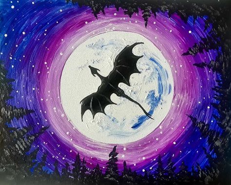 Gazing up at the night sky, a dragon takes flight in the night, over a sky of stars and a shining moon.  Enjoy a fun afternoon of painting on our patio with your family and friends, limited seating! Painting will be done on a 9" x 12" canvas. Dragon Painting, Moon Painting, Canvas Painting Designs, Canvas Painting Diy, Fantasy Paintings, Small Canvas Art, Paint And Sip, Night Painting, Camping Art