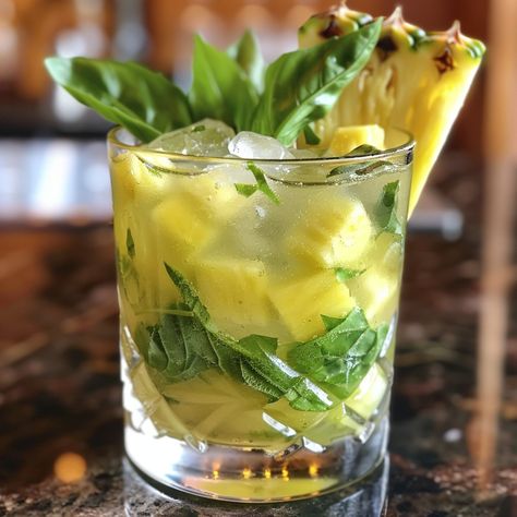 🍍🌿 Try a Pineapple Basil Smash for a tropical twist! 🍹🍍 #PineappleLove #BasilTwist Pineapple Basil Smash Ingredients: Pineapple chunks (4-5 pieces) Fresh basil leaves (5 leaves) Vodka (2 oz) Lime juice (1 oz) Simple syrup (0.5 oz) Club soda (top off) Ice cubes Instructions: Muddle pineapple chunks and basil leaves in a shaker. Add vodka, lime juice, and simple syrup. Fill the shaker with ice and shake well. Strain into a glass filled with ice. Top off with club soda and garnish with a bas... Pineapple Basil, Twist Recipes, Basil Smash, Vodka Lime, Instagram Recipes, Pineapple Chunks, Basil Leaf, Twisted Recipes, Pineapple Slices