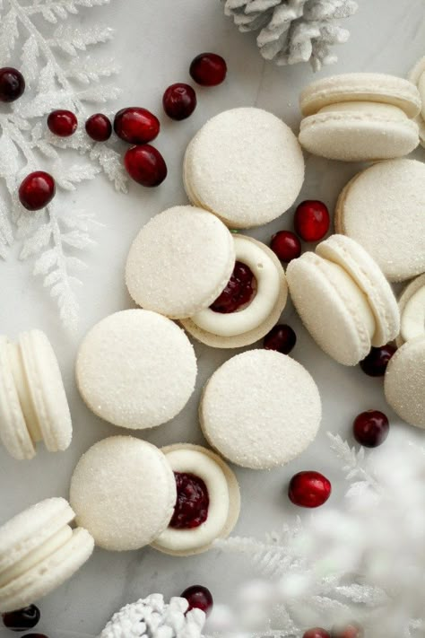 White Chocolate Cranberry Macarons Cranberry Macarons, Cranberry Filling, Cookie Platters, White Food Coloring, Christmas Macarons, Macaron Filling, Chocolate Cranberry, Peppermint Hot Cocoa, Cocoa Cake