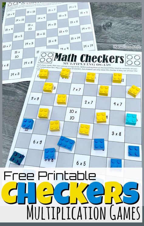 We love making math fun with fun, hands-on math games! Instead of having your kids work on drilling multiplication tables, turn it into a fun activity instead with multiplication checkers! Simply print the multiplication games printable pdf file with the  multiplication games printable. We have lots of different board games to practice multiplying by 0s, 1s, 2s, 3s, 4s, 5s, 6s, 7s, 8s, 9s, 10s, 11s, 12s, 13s, 14s, and 15s. This multiplication game is perfect for practicing math with 2nd ... Multiplication Facts Games, Printable Math Games, Math Board Games, Multiplication Activities, Multiplication Tables, 4th Grade Math Worksheets, Multiplication Games, Math Boards, Kids Work