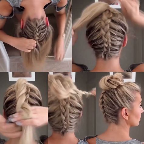 Backwards French braid into messy bun Backwards French Braid, French Braids With Messy Bun, Braid Up Back Of Head Into Bun, Dutch Braid Into Messy Bun, French Braid Buns Double, French Braid Into Messy Bun, Cute Up Hairstyles, French Braid Buns Double Tutorial, French Braid Buns Double Half Up