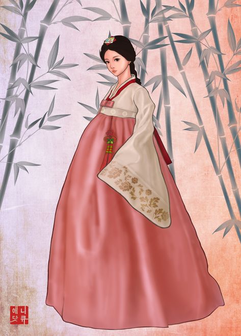 A beautiful girl wearing 'Hanbok,' the Korean traditional clothing @anicueshop #Hanbok #korean #kdrama #south Korea #hangul #beautiful hanbok #dresses #asian #vitality #traditional art #asian girl #korea #korean culture #tradition #traditional clothes #traditional Korean dress #dress #drawing #korean traditional #fashion #royal #royalty #noble #luxurious #luxury #graceful #elegant #stylish #pretty #beautiful #cute #love #costume #colourful #colour #hanbok drawing #chic #pink #illustration #girls Korean Traditional Dress Drawing, Korean Hanbok Drawing, Hanbok Painting, Traditional Korean Women Drawing, Korean Old Fashion Traditional Clothes, Hanbok Drawing, Korean Hanbok Fabrics, American Day, Korean Traditional Clothing