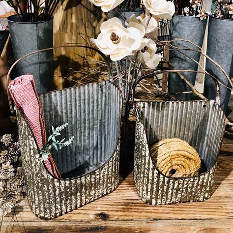 Corrugated Metal Wall Pocket, Set of 2 Wall Storage Baskets, Art Above Tv, Wire Wall Basket, Wall Art Bedroom Paint, Storage Baskets For Shelves, Corrugated Metal Wall, Wall Art Above Couch, Antique Farmhouse Decor, Farmhouse Storage