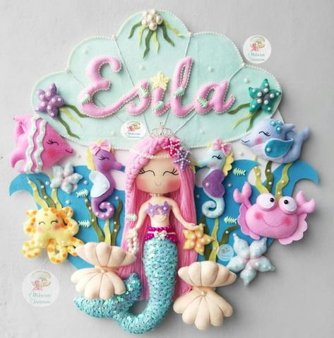 Mermaid Felt, Felt Mermaid, Felt Doll House, Kids Room Deco, Baby Mobil, Baby Shower Deco, Mermaid Ornament, Felt Wreath, Felt Banner