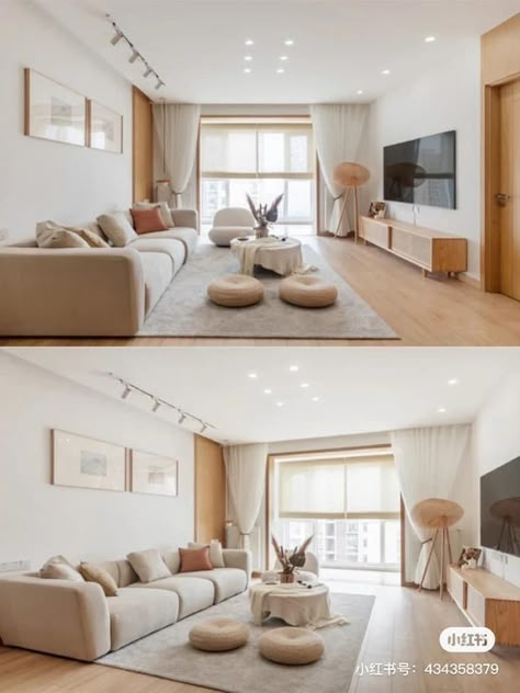 Interior Design Living Room Japandi, Minimalist Japandi Living Room, Japandi Living Room Apartment, Muji Interior Design Living Rooms, Living Room Designs Japandi, Korean Modern House Interiors, Japandi Living Room Ideas, Muji Home Living Rooms, Muji Style Living Room