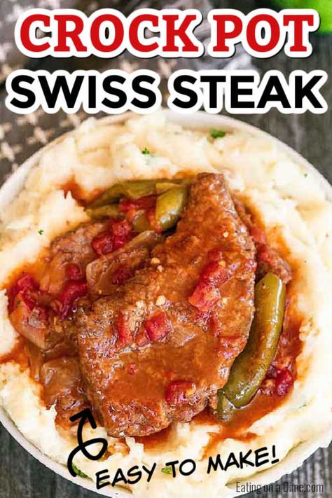 Turn inexpensive steak into tender Crockpot swiss steak. This slow cooker meal tastes like you spent all day in the kitchen but took minutes to prepare. Swiss Steak In Crockpot, Crockpot Round Steak Recipes, Crockpot Swiss Steak, Swiss Steak Crockpot, Slow Cooker Swiss Steak, Crockpot Steak Recipes, Swiss Steak Recipes, Round Steak Recipes, Slow Cooker Meal