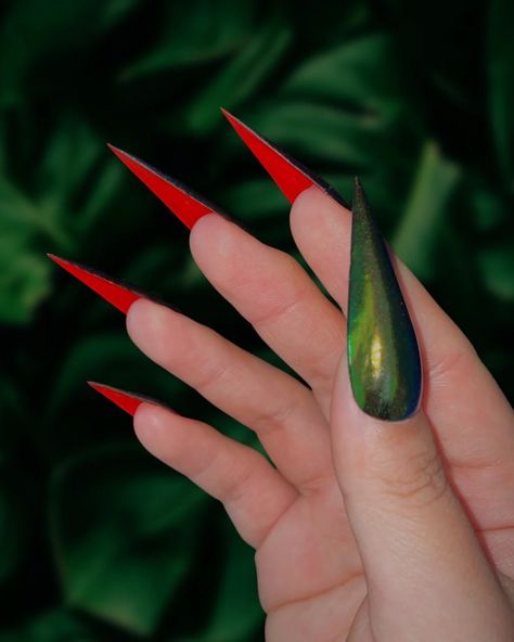 Scarabaeus II: Red Bottoms – Color-Shifting Green Chrome and Ruby Red-Bottommed Nail Classic red-bottom stilettos, color-shifting scarabaeus green. Inspired by Christian Louboutin. Choose your preferred nail shape and length! Designed by Shanice (@animininails). Order Details CUSTOM SIZED. 7-15 day lead time (from the Red Pointy Nails Stilettos, Nail Shape And Length, Poison Ivy Nails, Bottom Nails, Alcohol Cleanse, Red Bottom Nails, Ivy Nails, 22 Nails, Bold Nails