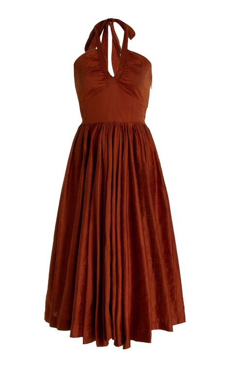 A classic cocktail dress in a radiant Brown hue. Material | Silk Dupioni. Dry Clean only Made in Los Angeles Items are made to order.  Please allow 4-8 weeks for items to ship. Item shown is Size 2 Model is 5'9 Styles that are available for “Pre-Order” will be charged at check out and fulfilled within the disclosed shi Classic Cocktail Dress, Full Skirt Dress, Effortlessly Chic Outfits, Designer Evening Dresses, Grad Dresses, Silk Midi Dress, Virtual Closet, Dream Dress, Moda Operandi