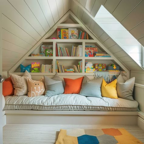 Loft In Playroom Built Ins, Small Attic Playroom, Attic Room Bedroom, Playroom Loft Ideas For Kids, Low Attic Ideas, Kids Attic Room, Kids Attic Bedroom, Kids Loft Playroom, Tiny Attic Ideas