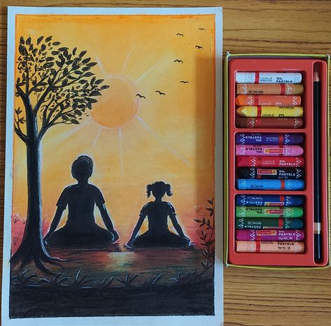 #yoga #father #day #drawing #idea #oil #pastel #sunrise #sunset #meditation Yoga Day Drawing Ideas, Yoga Day Drawing, Sunset Meditation, Painting Of Sunset, Pastel Sunrise, Sunset Drawing, Oil Pastel Drawings Easy, Oil Pastel Colours, Yoga Wall