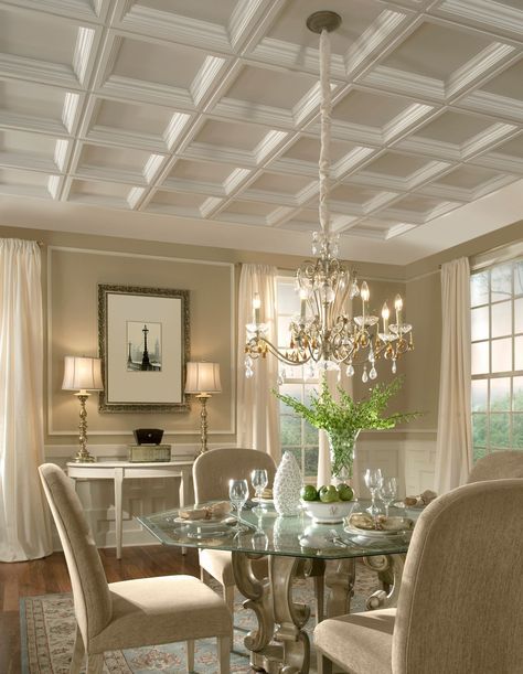 Dining Room: I'd love this exact cream/tan & white color scheme for our dining room walls. I also love the half up wainscoting. Plastic Ceiling Panels, Drop Ceiling Panels, Kitchen Open Concept, Plastic Ceiling, Drop Ceiling Tiles, Armstrong Ceiling, Interior Vintage, Ceiling Treatments, Dropped Ceiling