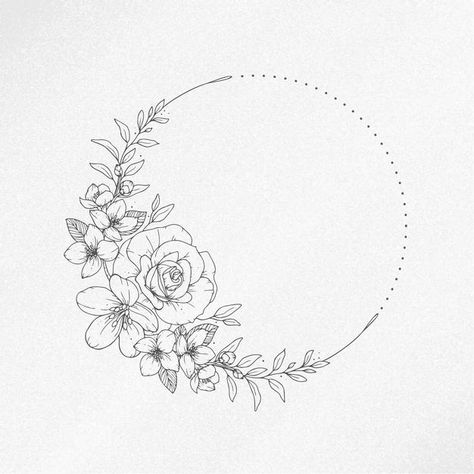 Floral Wreath Drawing, Wreath Tattoo, Framed Tattoo, Spring Floral Wreath, Wreath Drawing, Diy Embroidery Designs, Floral Border Design, Floral Drawing, Hand Drawn Flowers