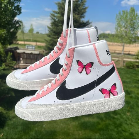 Custom Made Pink Butterfly Nike Blazers Brand New W/O Box *Please Allow 7-10 Days To Ship As This Is A Custom Order* Custom Nike Shoes Women, Painted Blazers Nike, Nike Shoes Cute, Nike Preppy Shoes, Customized Nike Shoes, Nike Butterfly Shoes, Custom Blazer Nike, Nike Pink Custom Sneakers With Abzorb Midsole, Pink Nike Blazers