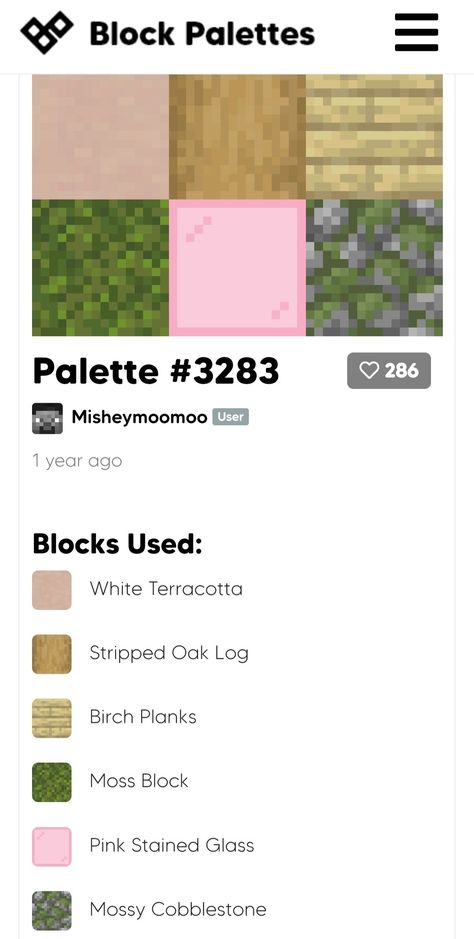 Cottagecore Minecraft Pallet, Minecraft Block Palette Birch, Minecraft Aesthetic Block Palette, Aesthetic Minecraft Block Combinations, Minecraft Block Palette Oak, Minecraft Colour Palette Pink, Birch Block Pallet Minecraft, Minecraft Color Combinations, Minecraft Block Pallet Ideas