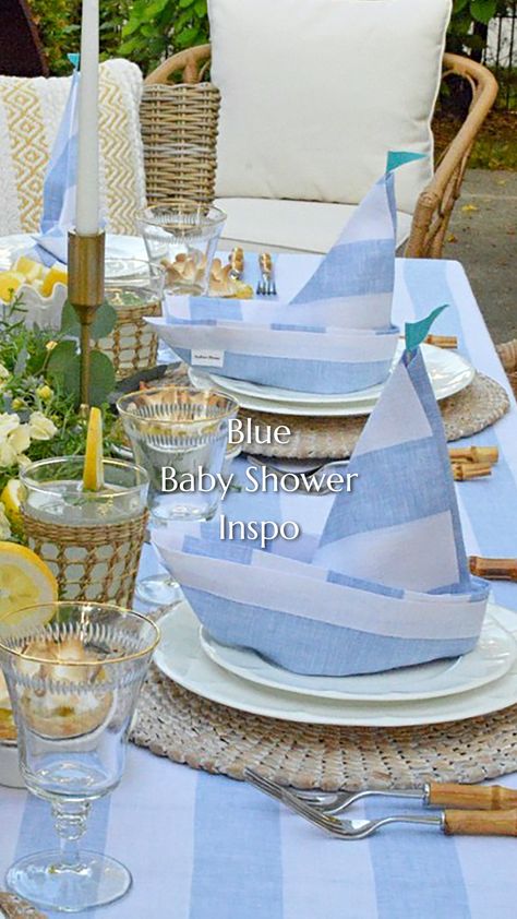 Inspiration on how to decorate a party table for boy baby showers using blue and white linens Nautical Baby Shower Ideas, Boy Baby Showers, Baby Shower Cocktails, Baby Bot, Bautizo Ideas, Linen Decor, Here Comes The Son, White Linens, Bow Baby Shower