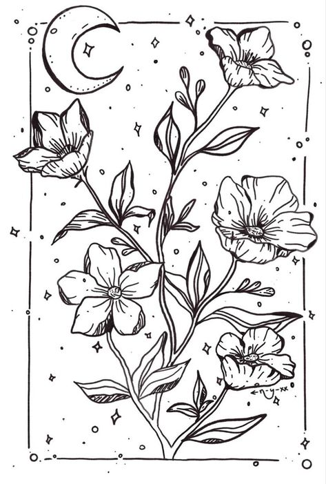 Black And White Simple Illustration, Coloring Book Pages Flowers, Flower Drawings Black And White, Black And White Flower Line Art, Black And White Flower Sketch, Art Sketches Plants, Doodles Line Art, Witchy Flowers Drawing, Black Line Flowers