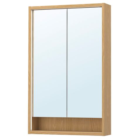 FAXÄLVEN mirror cabinet w built-in lighting, oak effect, 60x15x95 cm - IKEA Bathroom Furniture Storage, Kids Flooring, Plastic Foil, Tempered Glass Door, Frame Shelf, Laundry In Bathroom, Bathroom Kids, Mirror Cabinets, Shop Interior Design