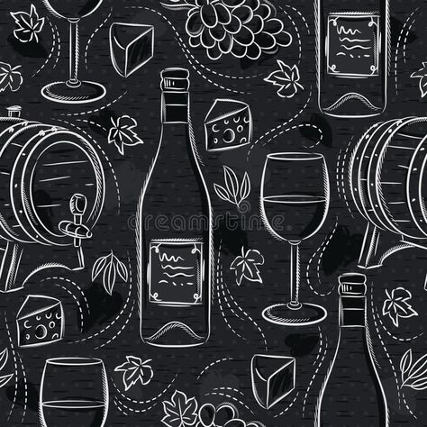 Seamless Patterns with White Wine Set, Cask, Wineglass, Barrel, Grape and Cheese on Black Chalkboard. Ideal for Printing Onto Stock Vector - Illustration of design, blackboard: 148983992 Wine Chalkboard Ideas, Winery Chalkboard Art, Wine Chalkboard Art, Chalkboard Design Ideas, Wine Chalkboard, Bar Wall Design, Blackboard Illustration, Blackboard Design, Chalk Menu