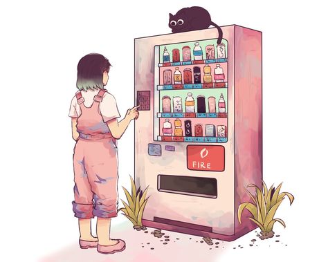 Drawing Vending Machine, Cute Vending Machine Illustration, Vending Machine Reference, Cute Vending Machine Drawing, Anime Vending Machine, Pastel Cat Art, Aesthetic Vending Machine, Vending Machine Drawing, Vending Machine Illustration