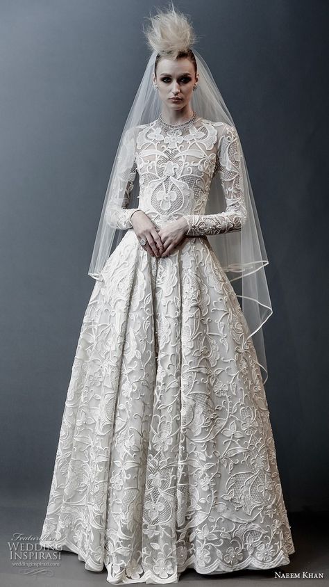 naeem khan spring 2019 bridal long sleeves jewel neck full embellishment modest princess ball gown a  line wedding dress covered lace back sweep train (1) mv -- Naeem Khan Spring 2019 Wedding Dresses | Wedding Inspirasi #wedding #weddings #bridal #weddingdress #bride ~ Naeem Khan Bridal, Wedding Dress Cover, House Of Worth, Edgy Wedding, Abed Mahfouz, Fashion Week Trends, White Wedding Dress, Naeem Khan, Princess Ball Gowns