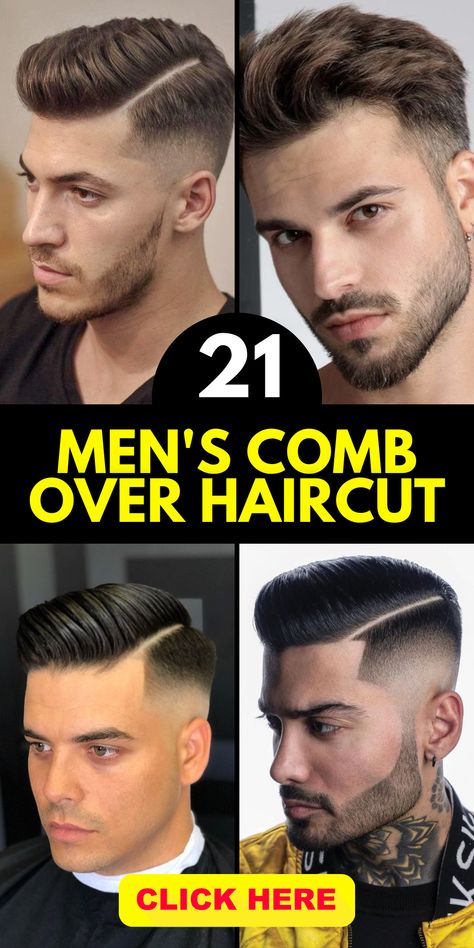 Mens Hairstyles Combover Fade, Men’s Haircut With Line, Side Part Comb Over Fade Haircut, Comb Over Mens Haircut, Mens Hairstyles Combover, Mens Comb Back Hairstyles, Comb Over Fade With Beard, Mens Comb Over, Side Line Haircut Men