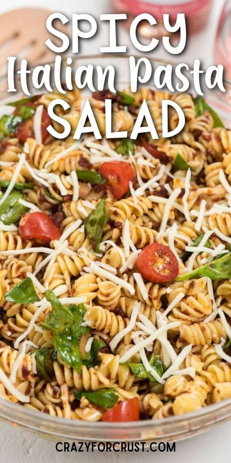 This Spicy Italian Pasta Salad needs to be your go to pasta salad recipe for summer! Coated with a spicy sun-dried tomato pesto, it’s the perfect recipe to pair with a sweet wine. Spicy Italian Pasta, Tomato Pasta Salad, Cookout Side Dishes, Recipe For Summer, Italian Pasta Salad, Spicy Pasta, Easy Pasta Dinner, Pasta Salad Recipe, Pasta Casserole