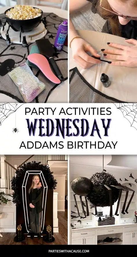 Wednesday Addams Party Games and Spooky Activity Ideas - Parties With A Cause Wednesday Party Games, Wednesday Addams Party Food, Wednesday Addams Birthday Party Decorations, Wednesday Birthday Party Theme, Wednesday Addams Birthday Party Ideas, Wednesday Themed Birthday Party, Wednesday Party Ideas, Wednesday Birthday Party, Wednesday Addams Party Ideas