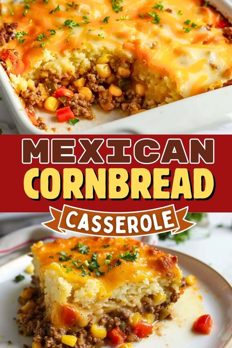 Spice up dinner with this easy Mexican cornbread casserole! It's packed with ground beef, veggies, corn, and plenty of cheese, and topped with cornbread. You'll love it! Cheesy Mexican Cornbread, Easy Mexican Cornbread, Mexican Cornbread Recipe, Mexican Cornbread Casserole, Easy Mexican Casserole, Mexican Casserole Recipe, With Cornbread, Mexican Cornbread, Cornbread Casserole