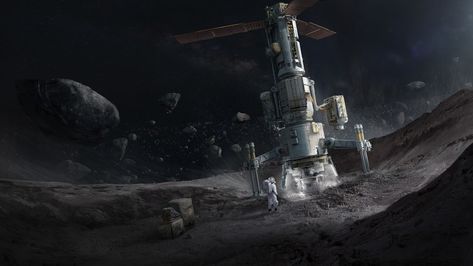 Asteroid Mining, Yong Bin Tan on ArtStation at https://www.artstation.com/artwork/Kq23x Interstellar Travel, Spaceship Illustration, Asteroid Mining, Saturn V, Science Stories, Planets Art, Being Prepared, Landscape Concept, Space Race