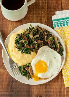 Recipe: Fried Eggs & Collard Greens over Polenta — Breakfast Recipes from The Kitchn Ways To Eat Vegetables, Polenta Breakfast, Vegetables For Breakfast, Gordon Ramsay Recipes, Eggs And Sweet Potato, Breakfast Vegetables, Eat Vegetables, Sauteed Greens, Budget Cooking